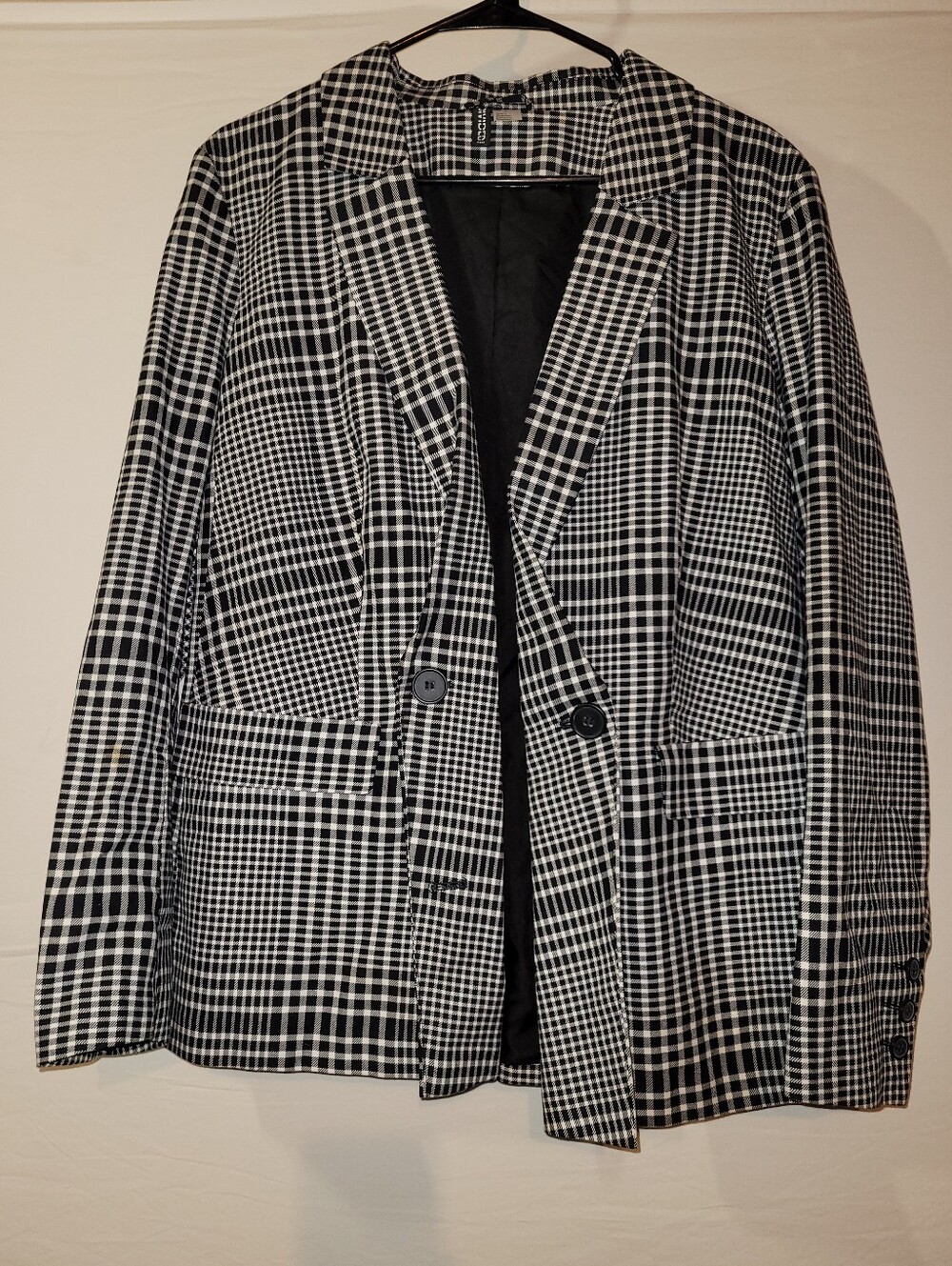 H&M Black and White Check Blazer - Modern Plaid Sport Coat, L